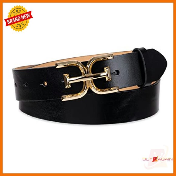 Women's Leather Belt with Logo Buckle for Jeans & Trousers